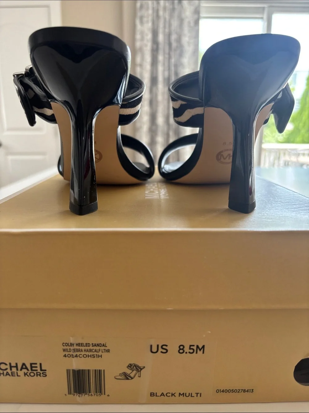 Michael Kors Black and White Colby Heeled Sandal Zebra-Print Buckle Heels
